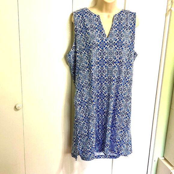 LANDS END Floral Geometric Sleeveless Casual Summer Dress Blue White Medium - Picture 7 of 12